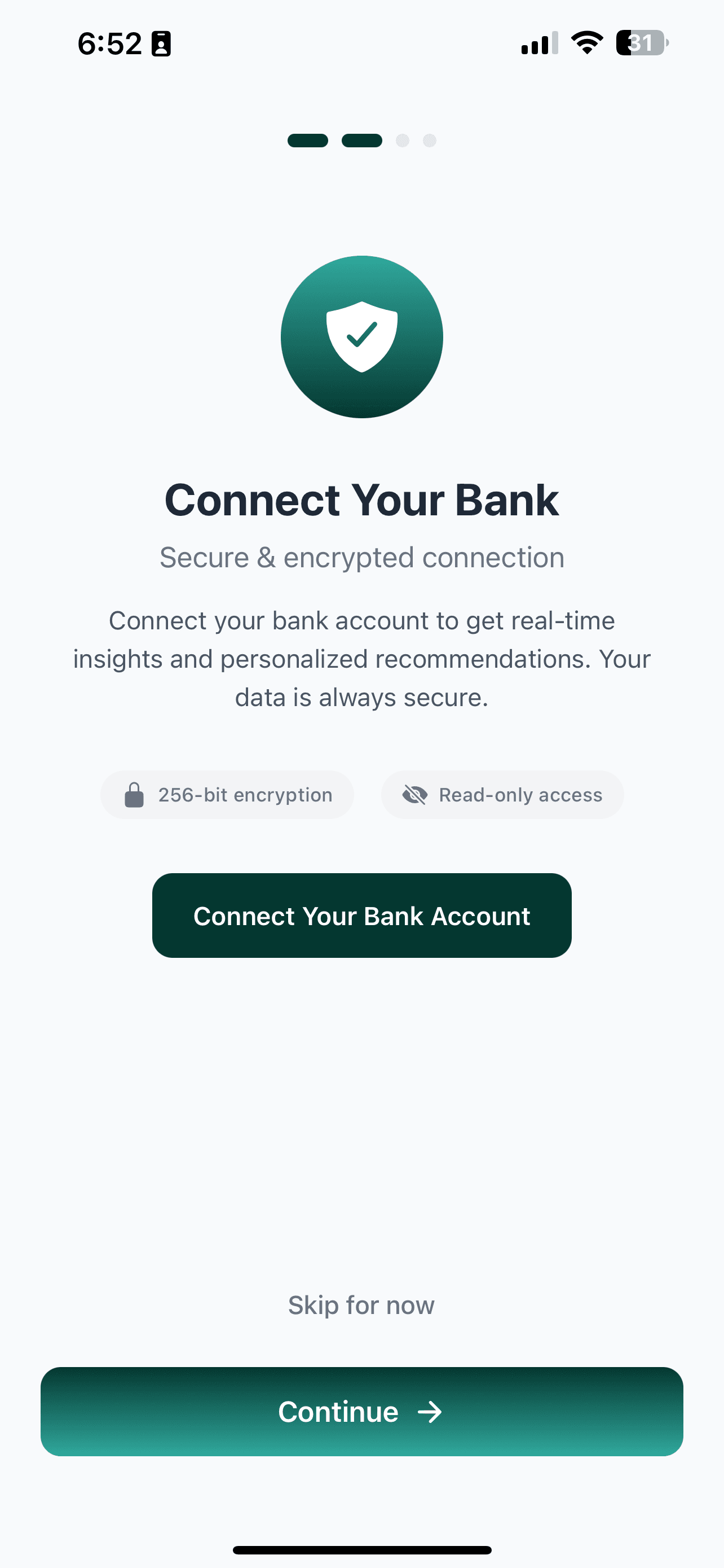 CueWealth App - Bank Connection Screen