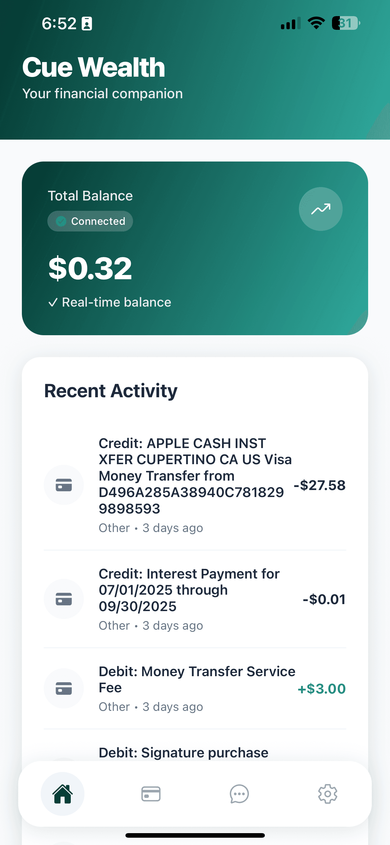 CueWealth App - Home Screen